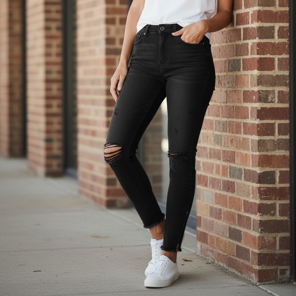 EUC KanCan Black Denim Zipper Hem Distressed Skinny Jeans Size 13/30 KC7268K